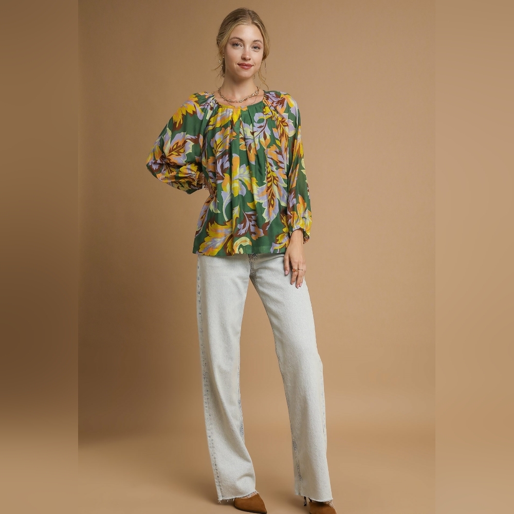 Umgee Retro Abstract Shirt Pleated 70s Round Neck Top Long Balloon Sleeve Blouse - Picture 8 of 16